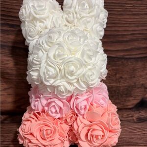 Rose Bunny Figurine - White, Light Pink, Peach Flower Roses
